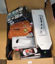 BOX WITH VARIOUS COMPUTER ACCESSORIES, BASEBALL MITS, HAND HELD GAMES CONSOLE, SPEAKER STAND ETC