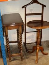 MAHOGANY OCCASIONAL TABLE, BARLEY TWIST DROP LEAF TABLE & VALET STAND