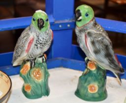 NEAR PAIR OF OLD HAND PAINTED CERAMIC PARROT ORNAMENTS