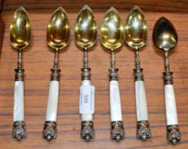 SET OF 6 FRENCH SILVER-GILT SPOONS WITH MOTHER OF PEARL HANDLES