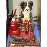 METAL PLOUGH DISPLAY, PAINTED CAST IRON BORDER COLLIE DOG DOOR STOP & VINTAGE ANGLE POISE DESK LAMP