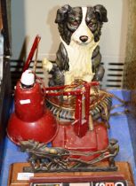 METAL PLOUGH DISPLAY, PAINTED CAST IRON BORDER COLLIE DOG DOOR STOP & VINTAGE ANGLE POISE DESK LAMP
