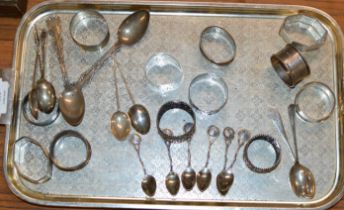 TRAY WITH VARIOUS SILVER NAPKIN RINGS & SILVER SPOONS