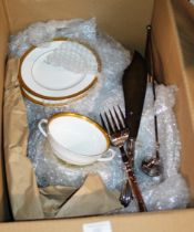 BOX WITH QUANTITY ROYAL DOULTON "ROYAL GOLD" DINNER WARE, CANDLE SNUFFER & EP SERVERS
