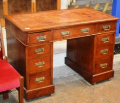 EDWARDIAN STAINED PINE DOUBLE PEDESTAL LADIES DESK WITH LEATHER TOP