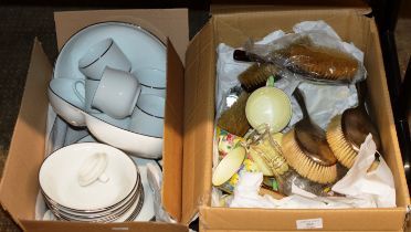 2 BOXES WITH MIXED CERAMICS & GLASS WARE, QUANTITY VARIOUS TEA WARE, SILVER BACKED DRESSING TABLE