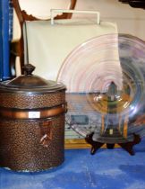 LIDDED COAL BUCKET, SINGER SEWING MACHINE, CD PLAYER & GLASS DISH ON STAND