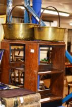 OAK BOOKCASE & 2 BRASS JELLY PANS