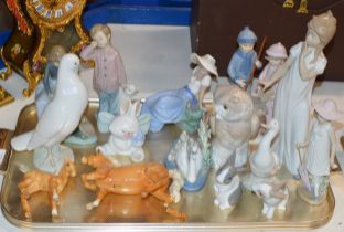 TRAY WITH VARIOUS FIGURINE ORNAMENTS, NAO, BESWICK ETC
