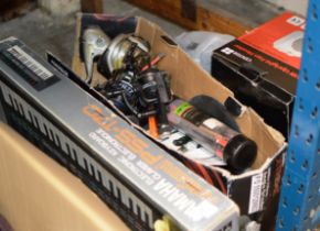VARIOUS HEATERS, SMALL QUANTITY FISHING ACCESSORIES, GRINDER, KEYBOARD ETC