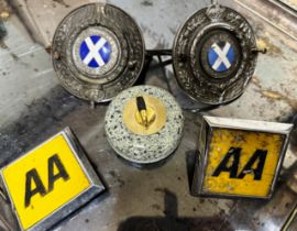 VARIOUS VINTAGE CAR BADGES & CURLING STONE PAPER WEIGHT