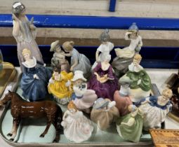 TRAY WITH BESWICK HORSE ORNAMENT & VARIOUS FIGURINE ORNAMENTS, ROYAL DOULTON, NAO ETC