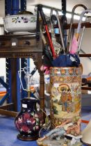 ORIENTAL STYLE STICK STAND, VARIOUS UMBRELLAS, CAPODIMONTE FIGURINE & PART WASH SET