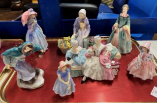 TRAY WITH VARIOUS ROYAL DOULTON FIGURINE ORNAMENTS, GRANNY'S HERITAGE, WINTER, THE LOVE LETTER ETC