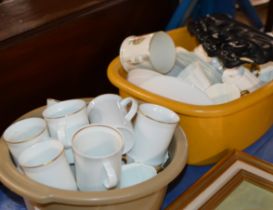 2 BOXES WITH QUANTITY WEDGWOOD COFFEE WARE, ROYALTY CUPS, EBONY ELEPHANT TRAIN ETC