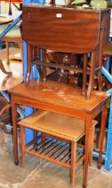 MAHOGANY SUTHERLAND STYLE DROP LEAF TABLE, MAHOGANY FOLD OVER TABLE & TEAK OCCASIONAL TABLE WITH