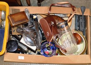 BOX WITH WOODEN CHESS PIECES, CLARICE CLIFF BOWL, SILVER TOPPED BOX, OLD STAMP PUNCHES, FIGURINE