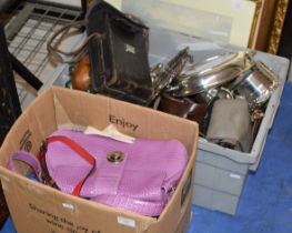 2 BOXES WITH VARIOUS HANDBAGS, EP WARE, VINTAGE CAMERAS, WOODEN WARE & GENERAL BRIC-A-BRAC