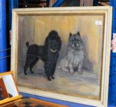 17¾" X 23¾" FRAMED PASTEL PAINTING, A STUDY OF TWO DOGS, BY MARION RODGER HARVEY, SIGNED LOWER LEFT