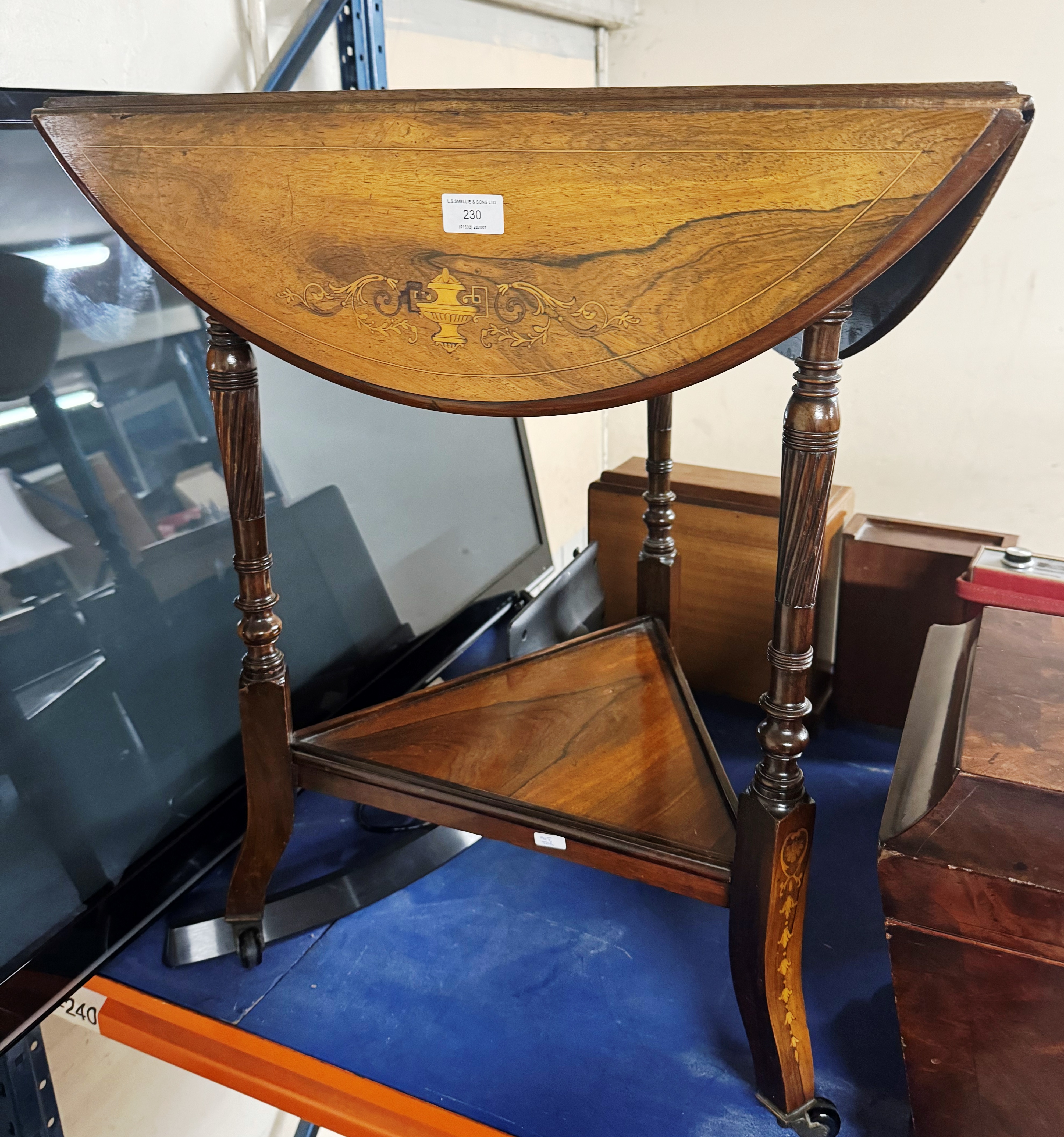 INLAID MAHOGANY TRIANGULAR DROP LEAF OCCASIONAL TABLE