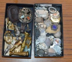 2 BOXES WITH VARIOUS STERLING SILVER POCKET WATCH FOB MEDALS, SCOTTISH STYLE BROOCH, VARIOUS WAX