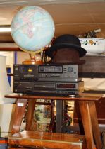 OCCASIONAL TABLE, PART STACKING HI-FI SYSTEM, WORLD GLOBE & 2 VINTAGE HATS