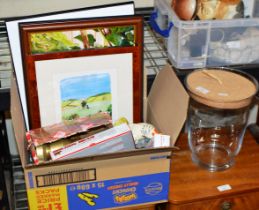 DECORATIVE GLASS JAR & BOX WITH FRAMED PICTURES, GOLF BALLS, MIXED CERAMICS ETC