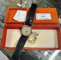 RECORD 9 CARAT GOLD CASED WRIST WATCH ON LEATHER STRAP WITH ORIGINAL BOX