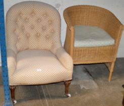 VICTORIAN TUB STYLE CHAIR & MODERN WICKER CHAIR