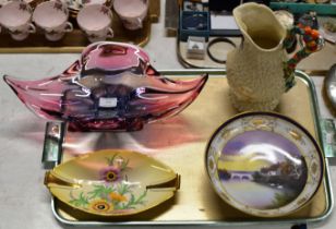 LARGE RETRO COLOURED GLASS DISH, CARLTON WARE FLORAL DISH, NORITAKE STYLE PEDESTAL BOWL & CLARICE