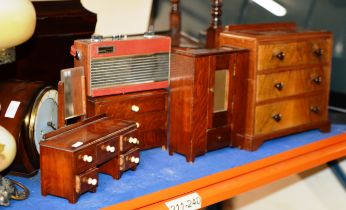 MAHOGANY CASED MANTLE CLOCK, SMALL RADIO, 3 PIECE MINIATURE / APPRENTICE BEDROOM SET & APPRENTICE