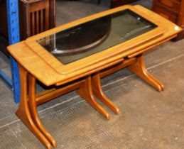 TEAK COFFEE TABLE WITH UNDER TABLES & TEAK FRAMED WALL MIRROR