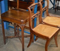 MAHOGANY OCCASIONAL TABLE, PAIR OF MAHOGANY CHAIRS WITH CANE SEATS & MAHOGANY TOWEL RAIL