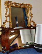 ORNATE GILT FRAMED WALL MIRROR & 2 MAHOGANY FRAMED WALL MIRRORS