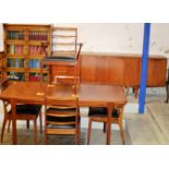 7 PIECE MID CENTURY TEAK DINING ROOM SUITE COMPRISING SIDEBOARD, TABLE AND 5 CHAIRS