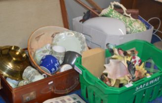 VINTAGE CASE AND 2 BOXES CONTAINING MIXED CERAMICS, TEA WARE, DECORATIVE POTTERY JUG, BRASS BOWL,