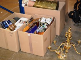 GILT FINISHED CEILING LIGHT FITTING AND 3 BOXES CONTAINING MIXED CERAMICS, WOODEN WARE AND GENERAL