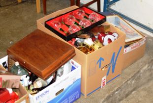 3 BOXES CONTAINING VARIOUS GLASS WARE, CANTEEN OF CUTLERY, MIXED CERAMICS AND GENERAL BRIC A BRAC