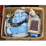 BOX CONTAINING STERLING SILVER PICTURE FRAME, WEDGEWOOD JASPERWARE, VARIOUS FIGURINE ORNAMENTS,