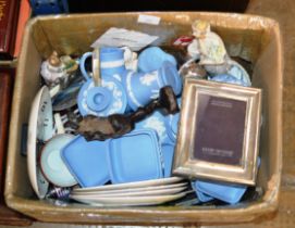 BOX CONTAINING STERLING SILVER PICTURE FRAME, WEDGEWOOD JASPERWARE, VARIOUS FIGURINE ORNAMENTS,