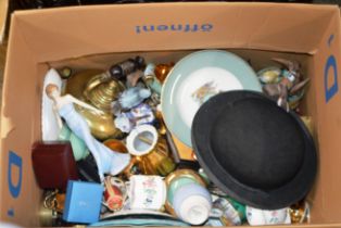 BOX WITH MIXED CERAMICS, ROYAL DOULTON FIGURINE, CITIZEN LADIES WATCH, BOWLER HAT, VARIOUS TEA WARE,