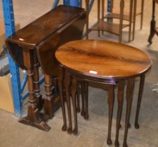 OAK DROP LEAVE TABLE AND A NEST OF 3 MAHOGANY TABLES