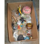 BOX WITH GENERAL CERAMICS AND GLASS WARE, LIDDED JAR, WEDGEWOOD VASES, FLOWER BOWLS ETC