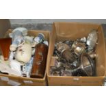 2 BOXES WITH VARIOUS EP WARE, MIXED CERAMICS, LLADRO STYLE FIGURINES, BOTTLE CASE ETC