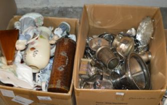 2 BOXES WITH VARIOUS EP WARE, MIXED CERAMICS, LLADRO STYLE FIGURINES, BOTTLE CASE ETC