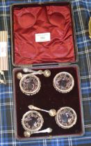 SET OF 4 BIRMINGHAM SILVER MOUNTED OPEN SALTS WITH SPOONS