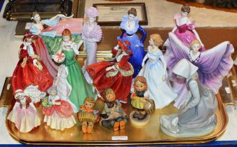 TRAY WITH VARIOUS FIGURINE ORNAMENTS, NAO, ROYAL DOULTON, HUMMEL ETC