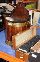 VICTORIAN MAHOGANY BRASS BOUND SALT BOX AND A BOX OF MAGIC LANTERN SLIDES