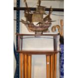 NEST OF 3 TEAK TABLES, ONE OTHER TABLE AND A SAILBOAT DISPLAY ON STAND