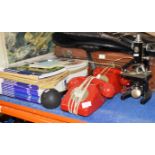 VINTAGE MICROSCOPE, 2 VINTAGE TELEPHONES, VINTAGE CAR HORN AND VARIOUS CAVALRY JOURNAL MAGAZINES